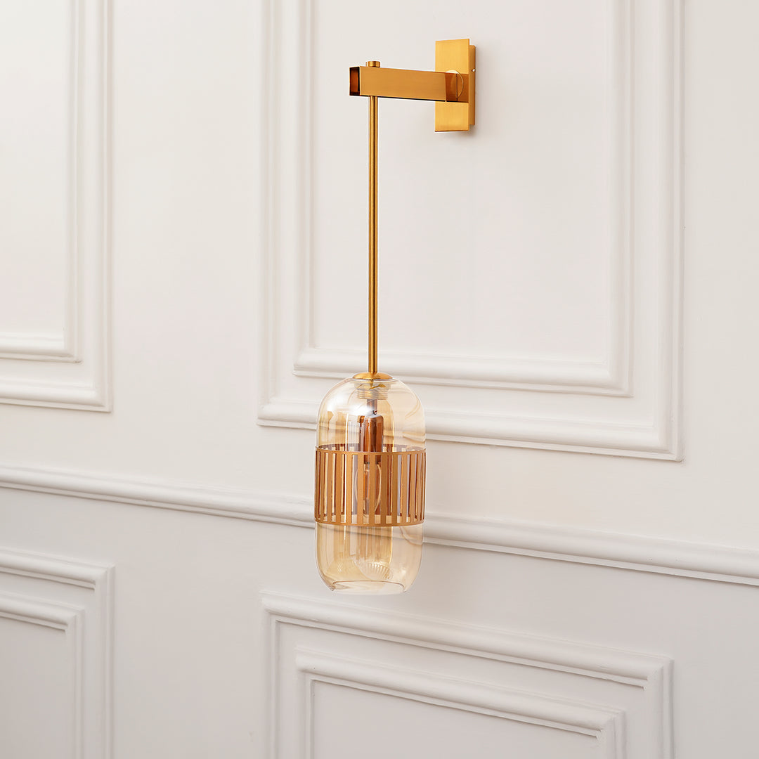 CARLSON Single Light Amber Glass and Antique Brass Finish Metal Wall Light