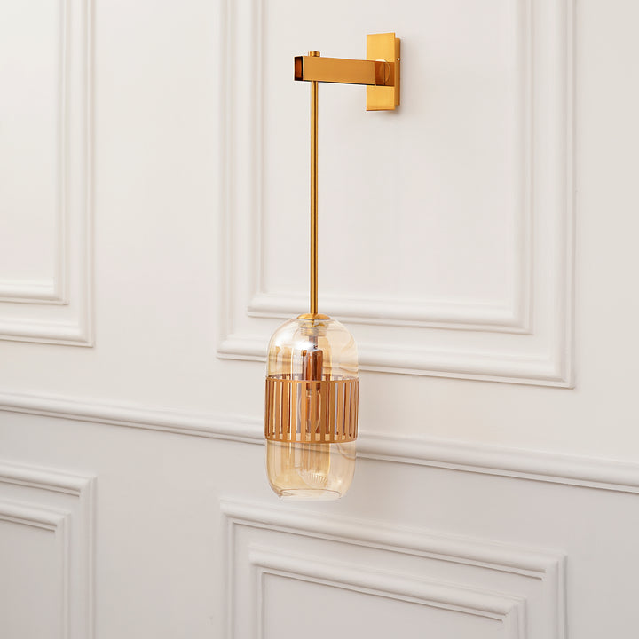 CARLSON Single Light Amber Glass and Antique Brass Finish Metal Wall Light