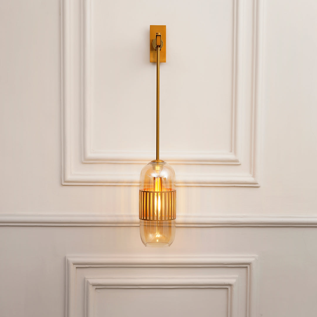 CARLSON Single Light Amber Glass and Antique Brass Finish Metal Wall Light