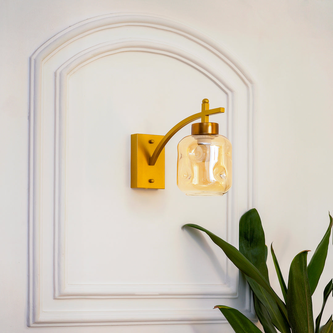 HADANO Single Light Amber Glass and Shine Brass Finish Metal Wall Light