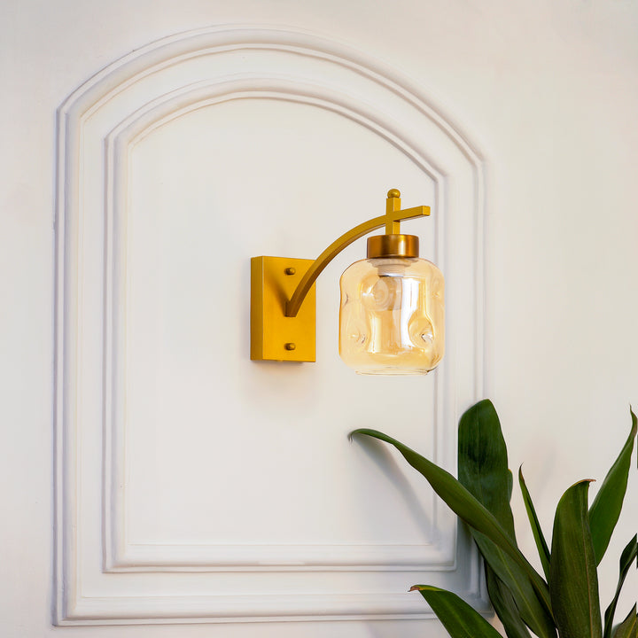 HADANO Single Light Amber Glass and Shine Brass Finish Metal Wall Light