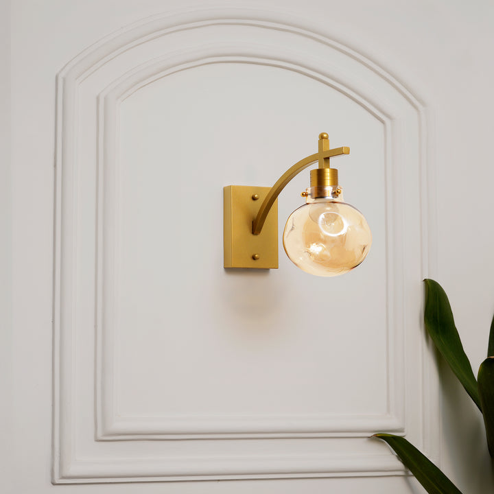 ADMIRAL Single Light Shine Brass Finish Metal & Amber Glass Wall Light