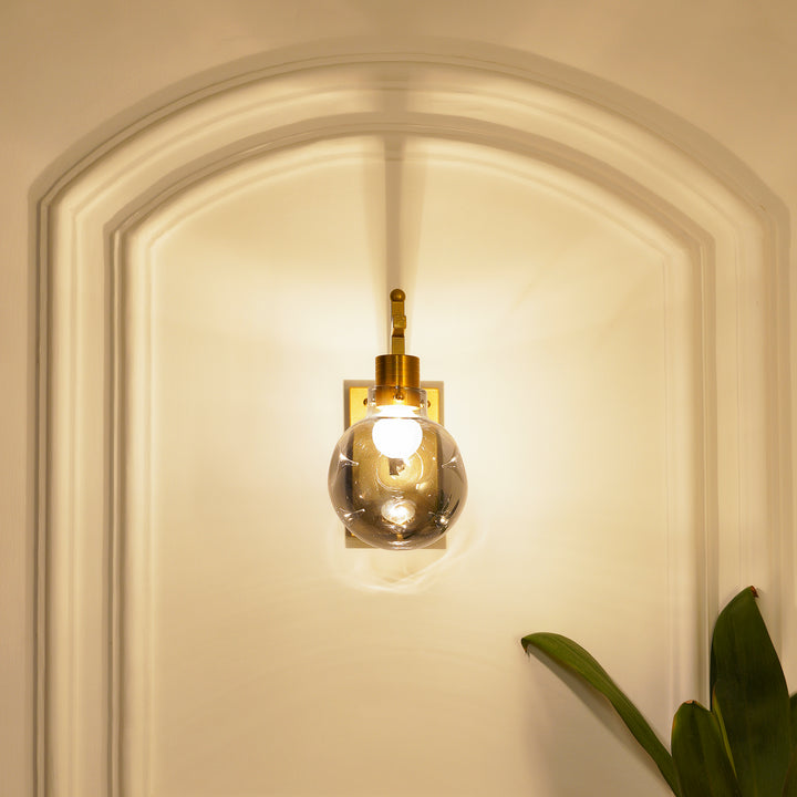ADMIRAL Single Light Shine Brass Finish Metal & Smoke Glass Wall Light