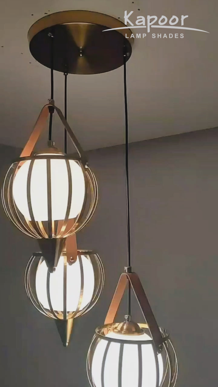 ALFIE 3 Light Ceiling Pendant In Brass Finish Metal And Brown Leather With Frosted White Glass Shades