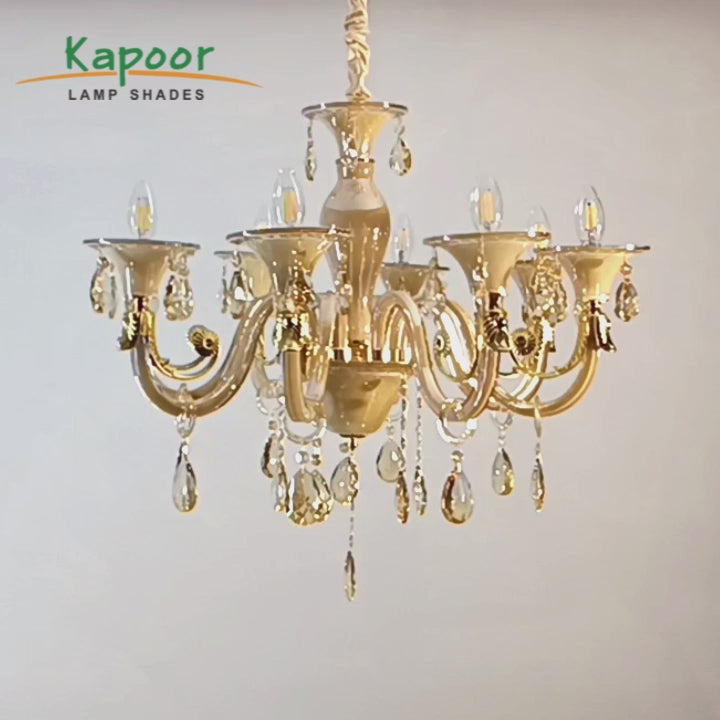 Raphael 8 Arm Ceiling Chandelier In Amber & Clear Finish With Clear Glass Crystal Drops & Trim