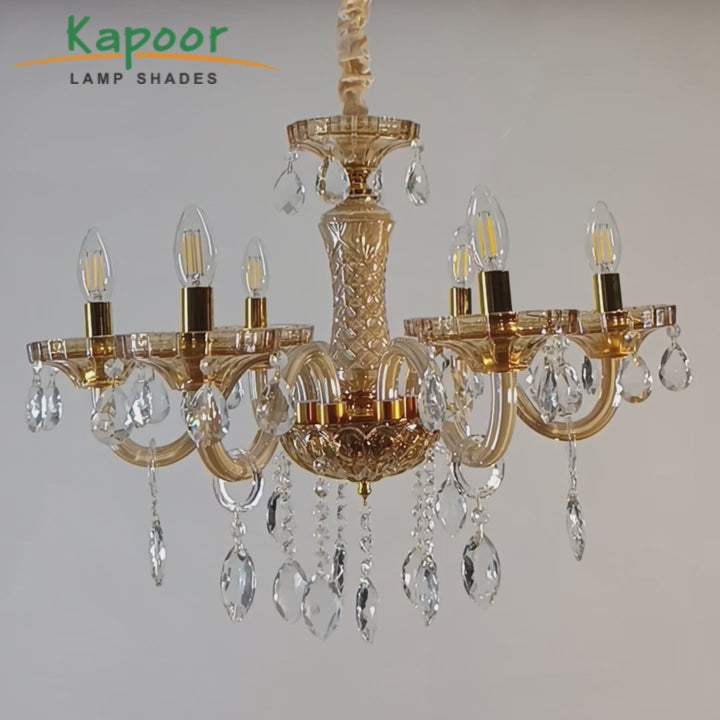Marie Theresa 6 Arm Ceiling Chandelier In Amber & Clear Finish With Glass Crystal Drops & Trim