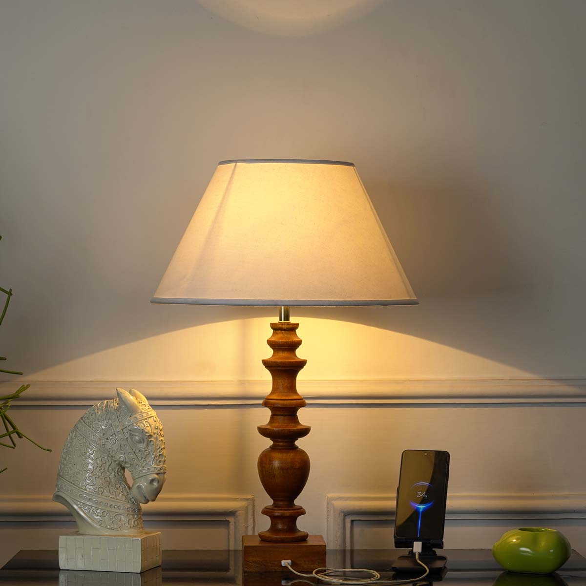 Akira Hand Crafted Solid Wood Walnut Finish Table Lamp With White Cotton Shade