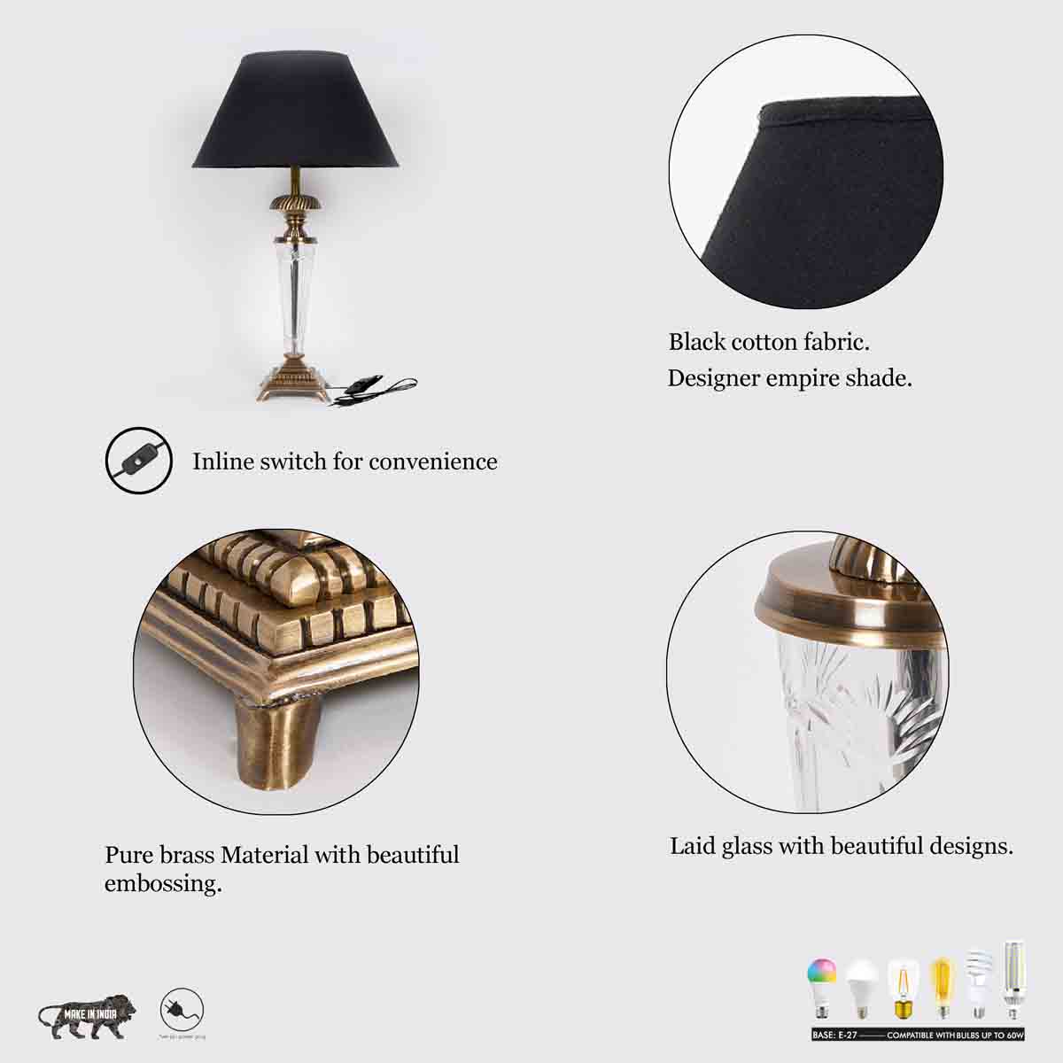 Provence Antique Brass Table Lamp With Black Cotton Shade - Kapoor